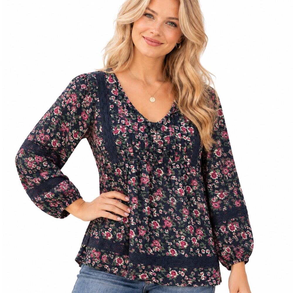 Lucky Brand Floral Top Womens Small Lace-Trimmed Pintucked Blue Pink Cottage